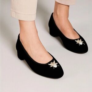 Zara Black Velvet Low Block Heel Flats with Pearl Bee Accent